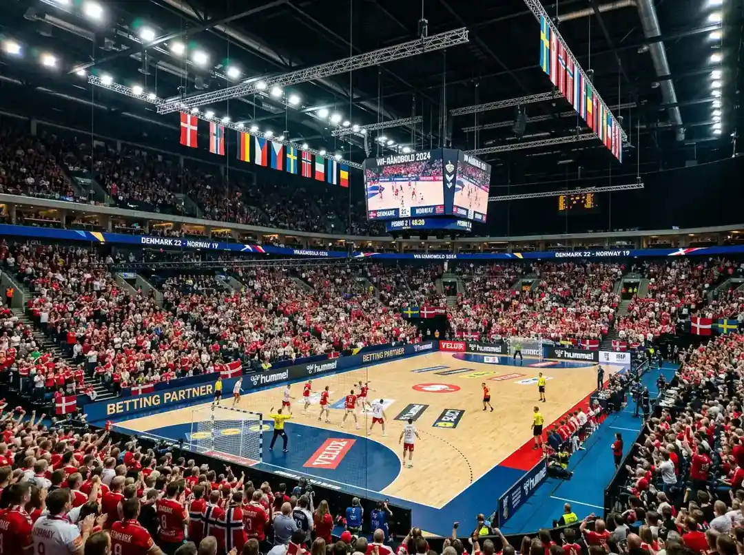 Fyldt håndbold arena under VM turnering med fans og spillere på banen